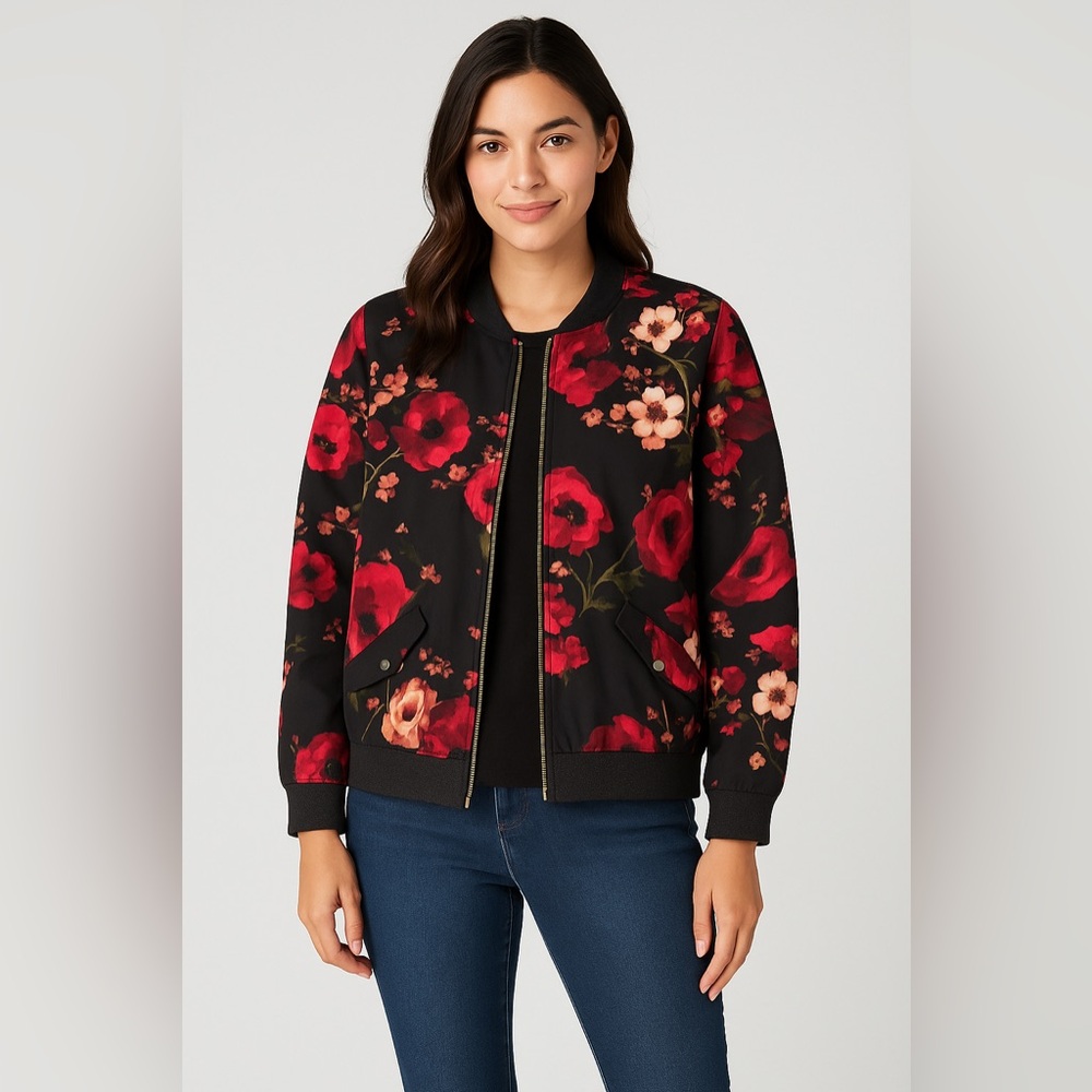 Susan Graver Womens Floral Liquid Knit Jacket Size L‎ Black Red Full Zip Pockets
